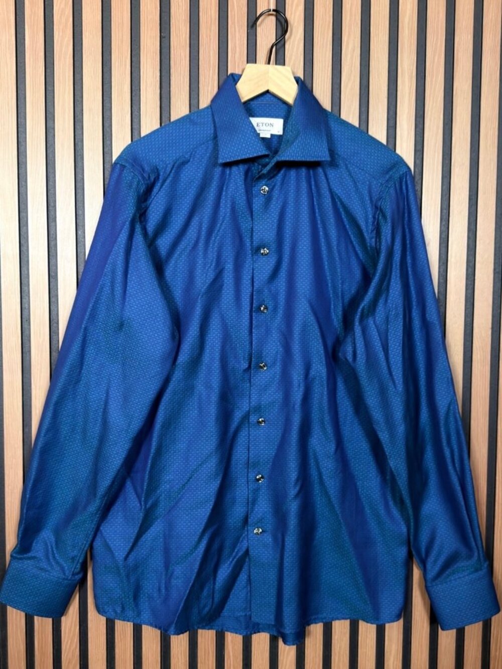 Eton Dress Shirt Large Mens Blue Contemporary Geometric Long Sleeve Button Up